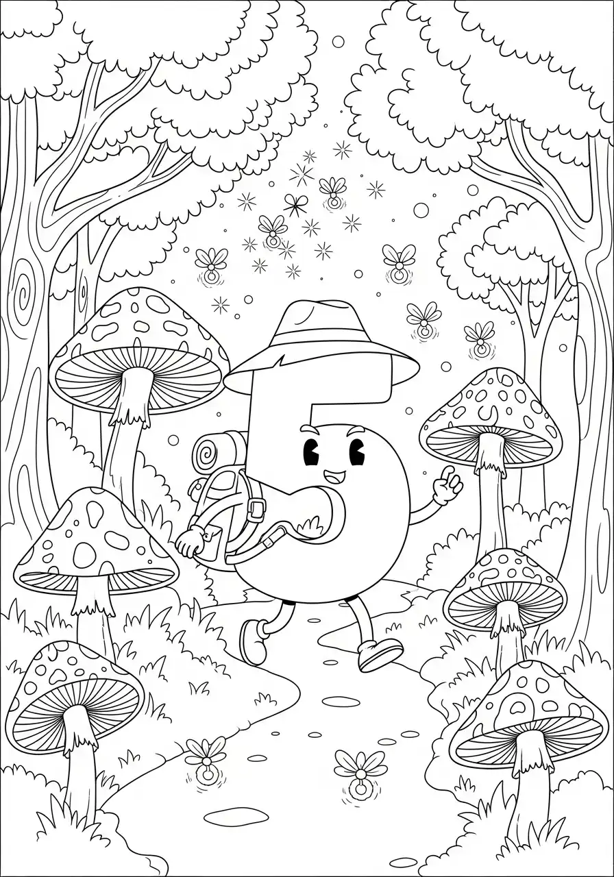 cijfer 5 wandelaar in paddenstoelenbos kleurplaat