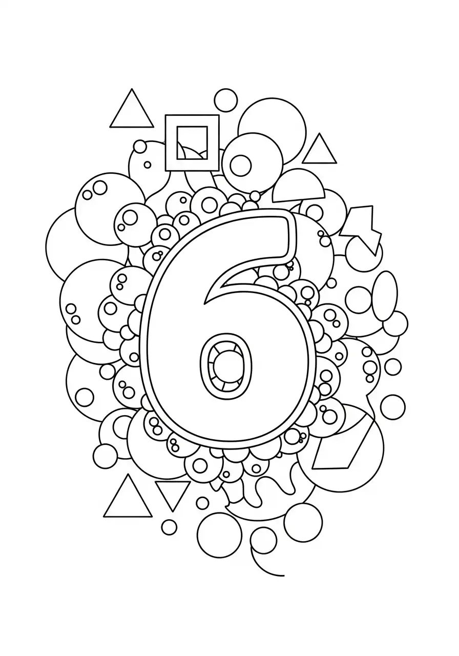 cijfer 6 abstracte vormen doodle kleurplaat