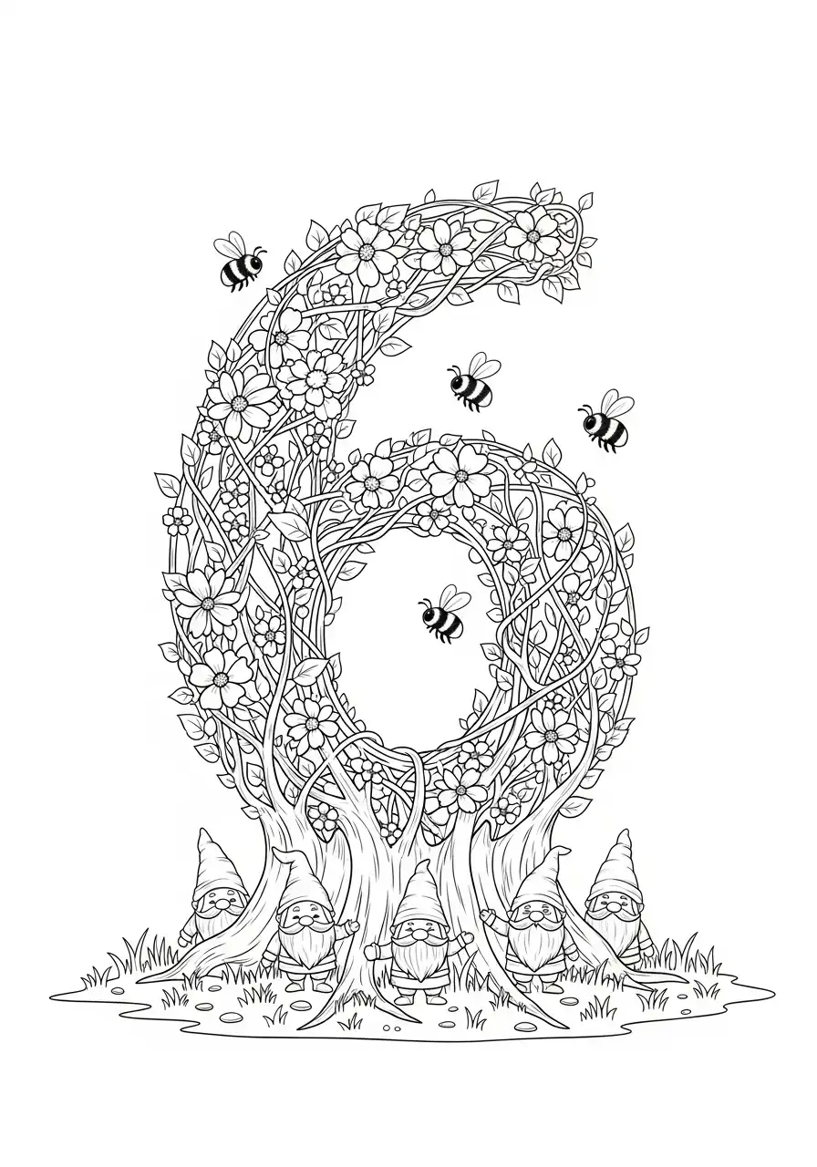 cijfer 6 boom met kabouters kleurplaat