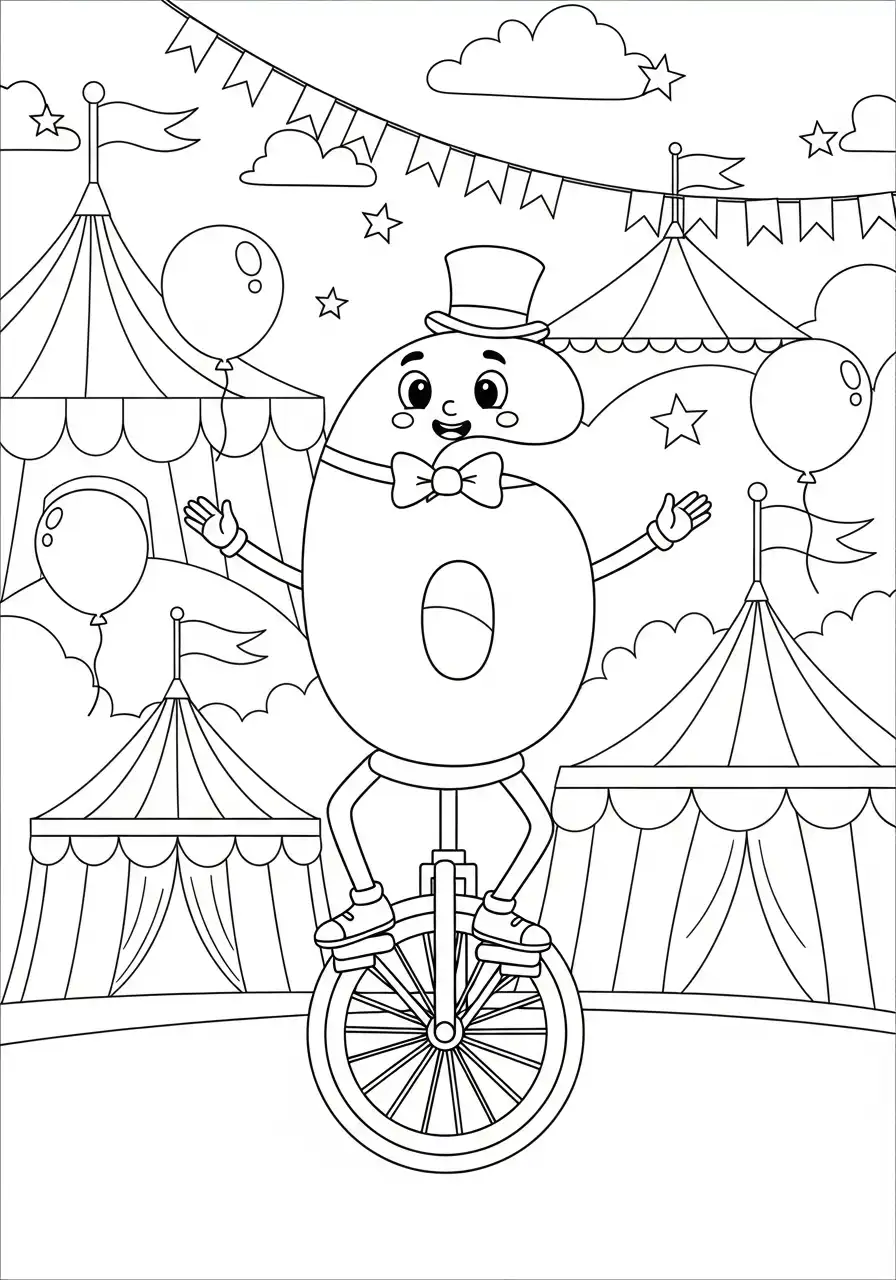 cijfer 6 clown op eenwieler circus kleurplaat