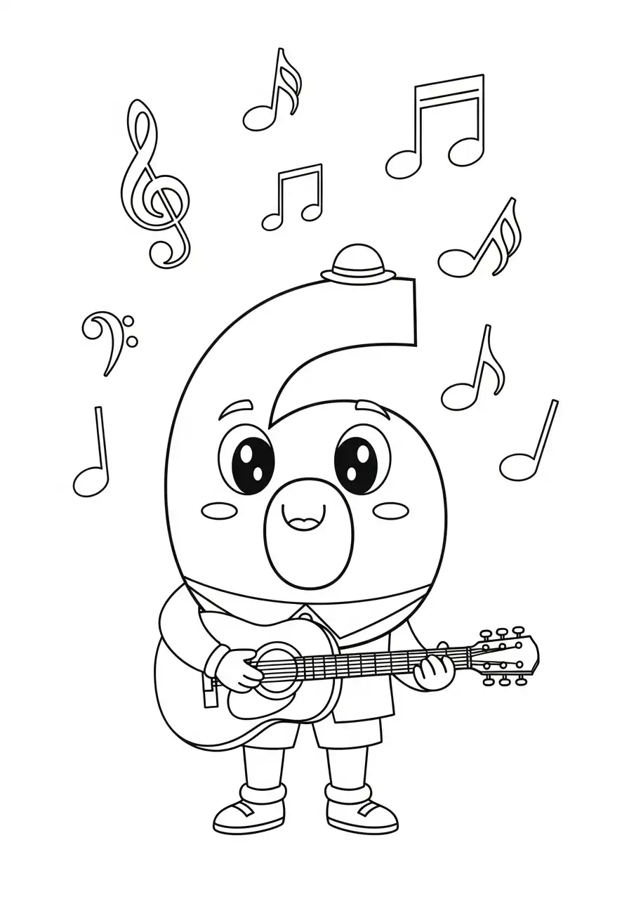 cijfer 6 gitaar spelen muziek kleurplaat
