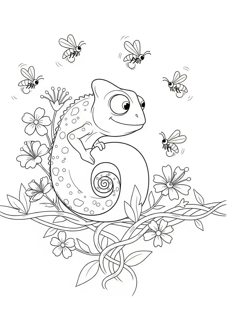 cijfer 6 kameleon met bijen kleurplaat