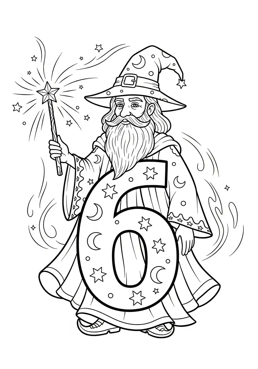 cijfer 6 magische tovenaar met sterren kleurplaat