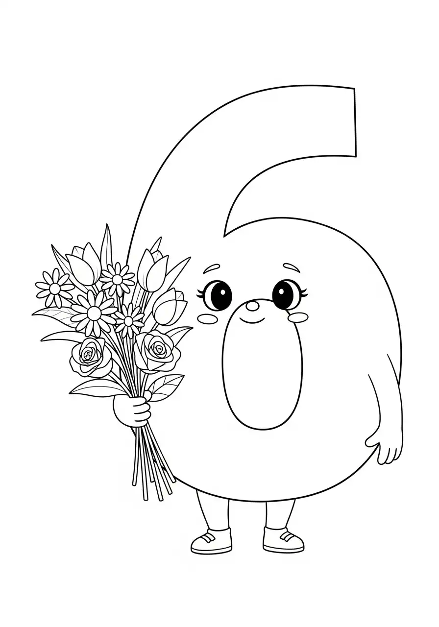 cijfer 6 met bos bloemen kleurplaat