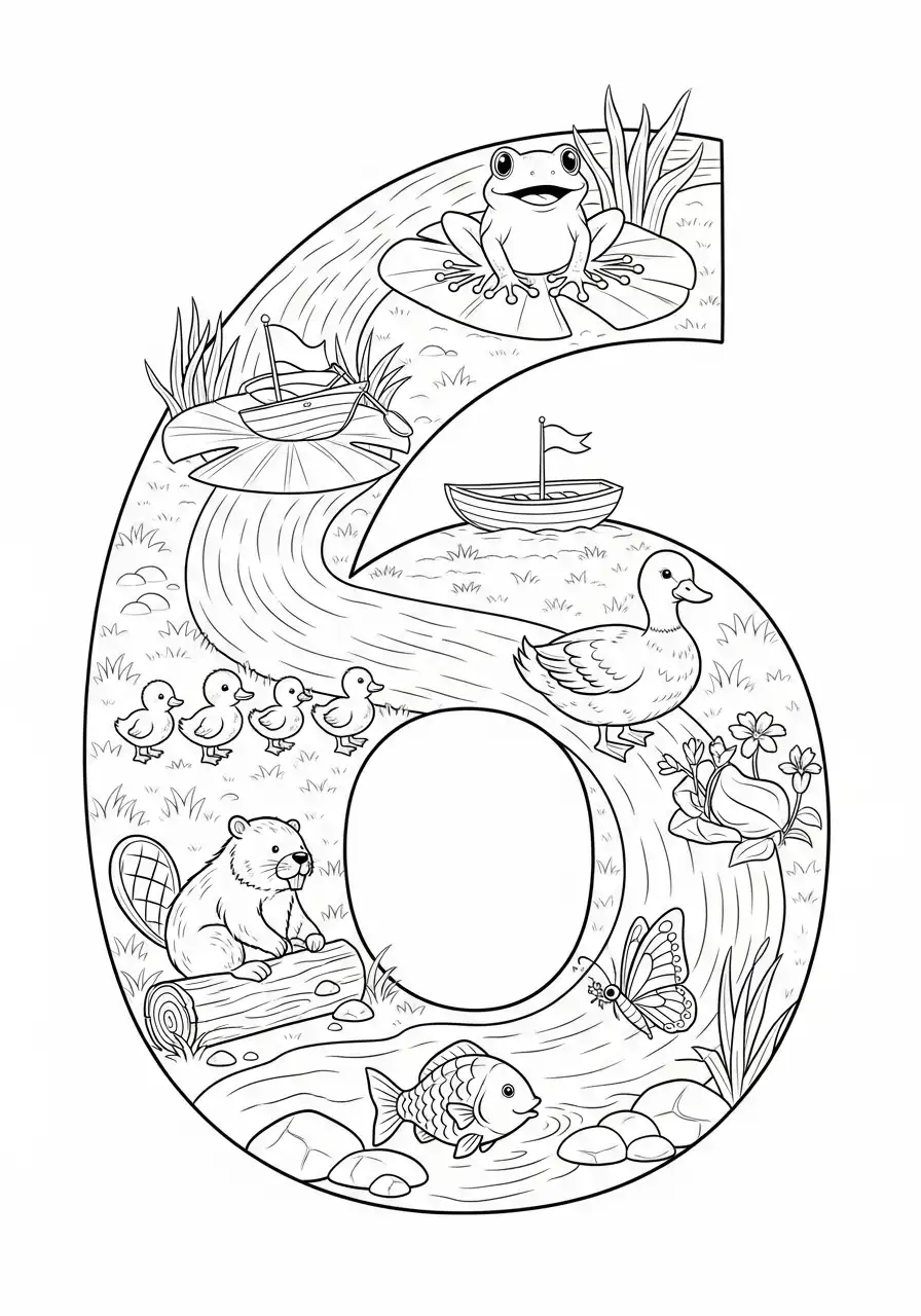 cijfer 6 natuur rivier en dieren kleurplaat