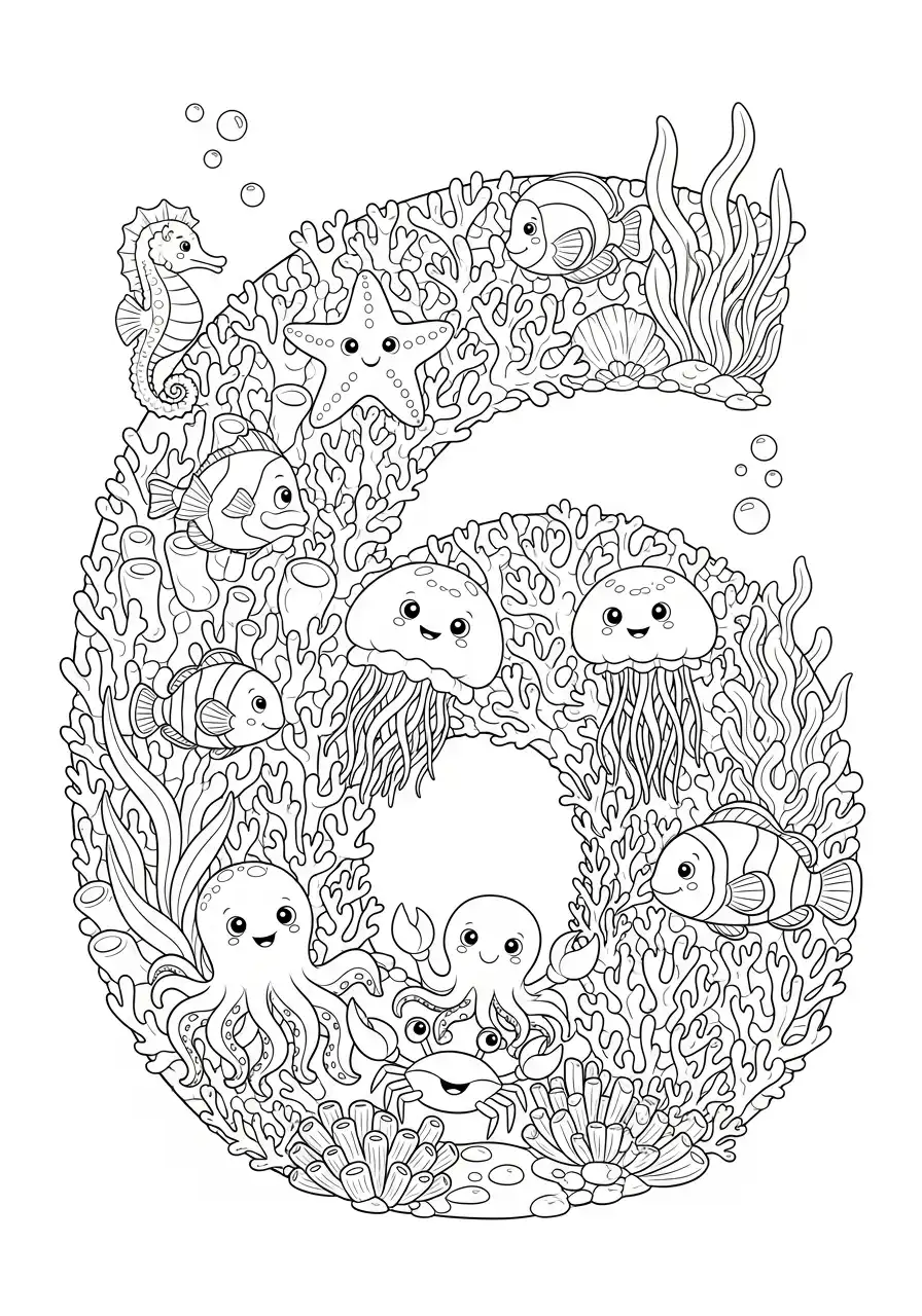 cijfer 6 onderwater oceaan kleurplaat