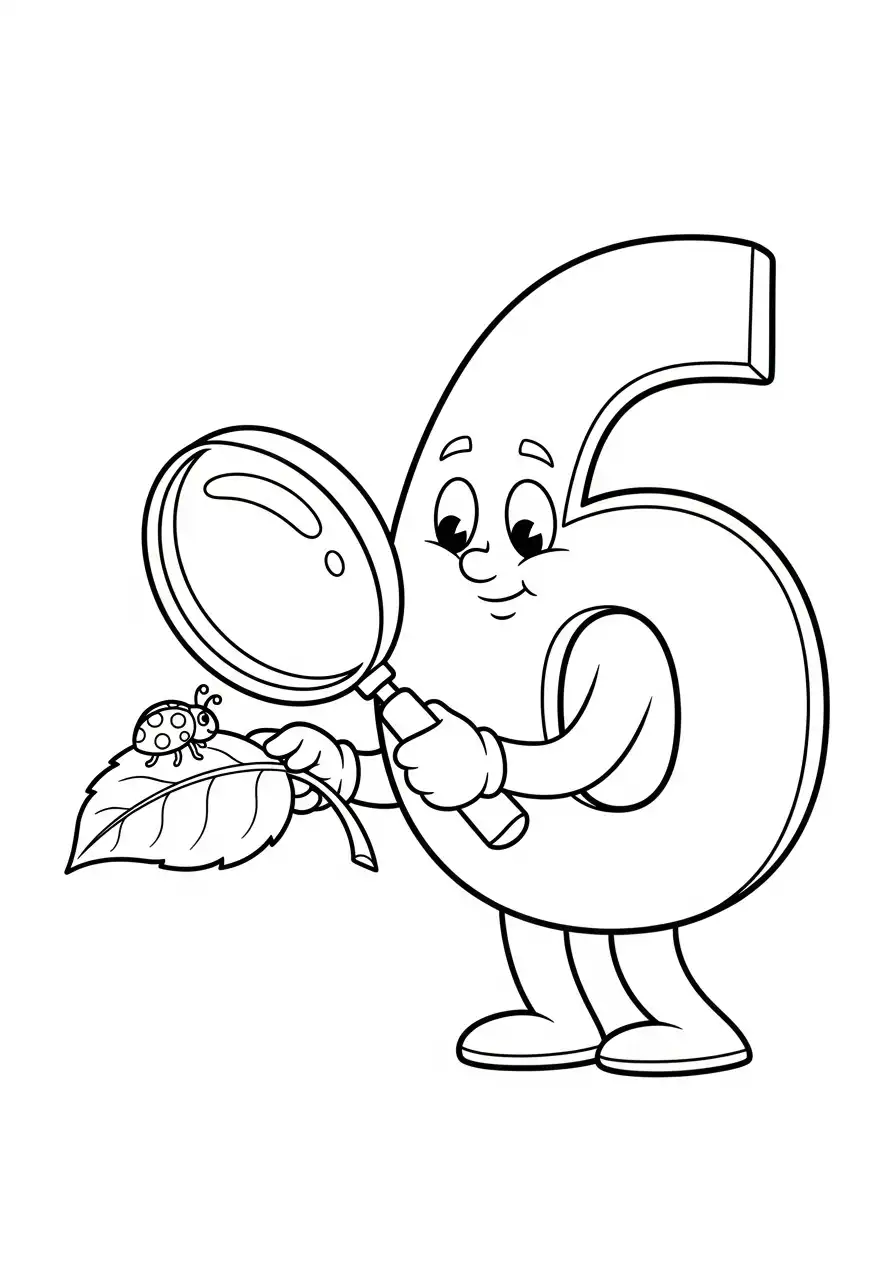 cijfer 6 onderzoeker met vergrootglas kleurplaat