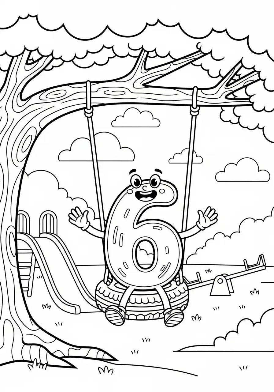 cijfer 6 op de bandenschommel speeltuin kleurplaat