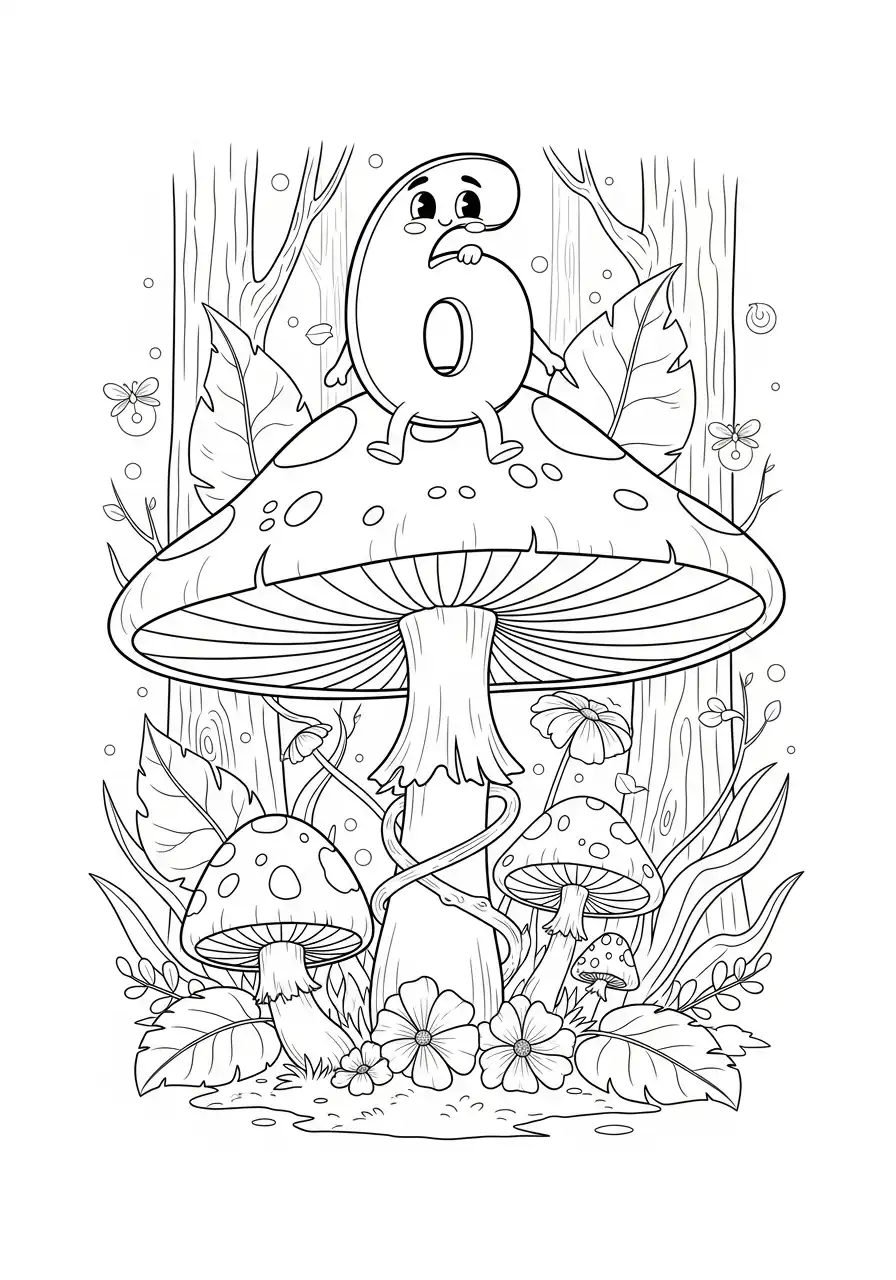 cijfer 6 op grote paddenstoel kleurplaat