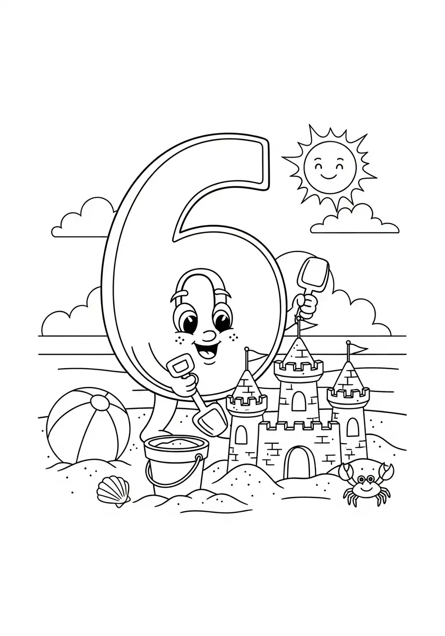 cijfer 6 op het strand zandkasteel kleurplaat