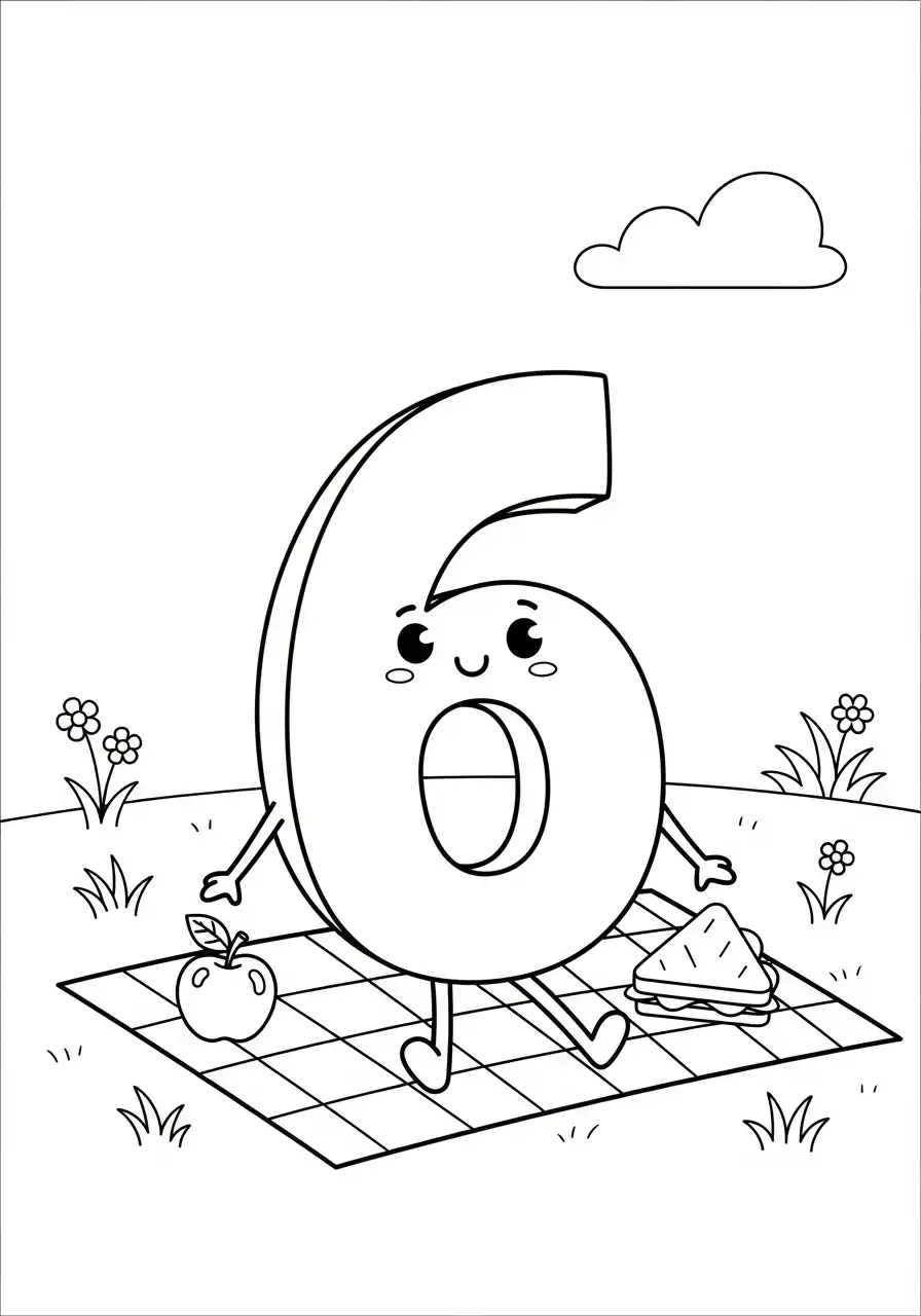 cijfer 6 picknick in het park kleurplaat