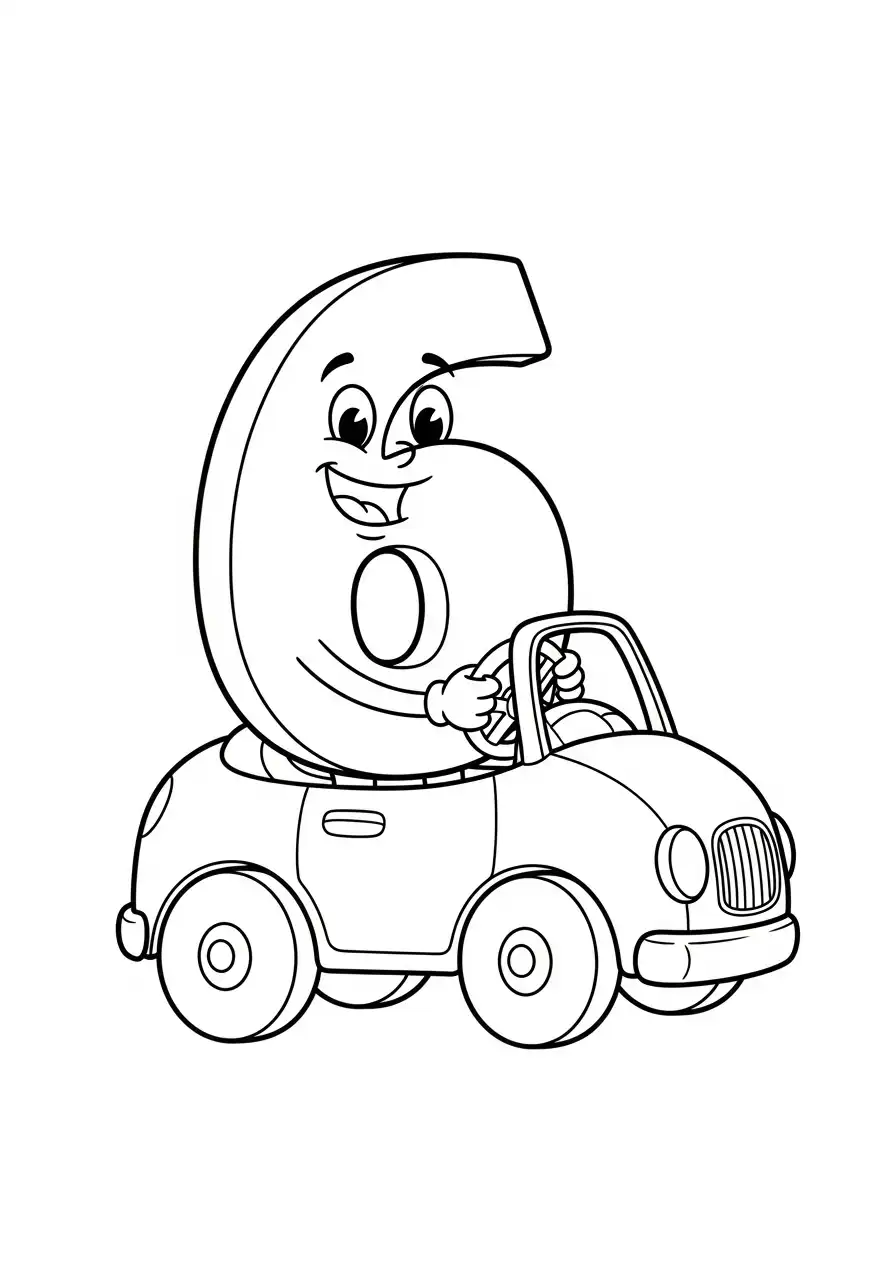 cijfer 6 rijden in een auto kleurplaat