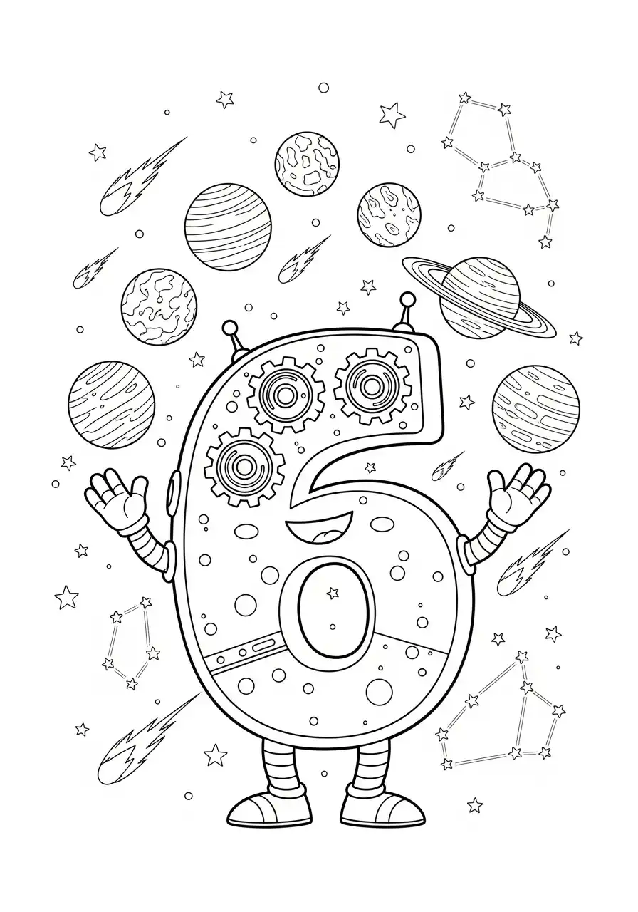 cijfer 6 robot tussen de planeten kleurplaat