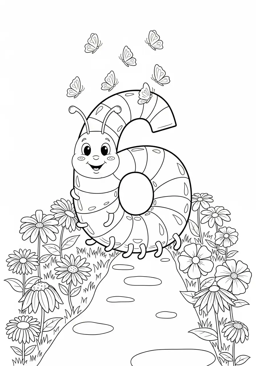 cijfer 6 rups in de bloementuin kleurplaat