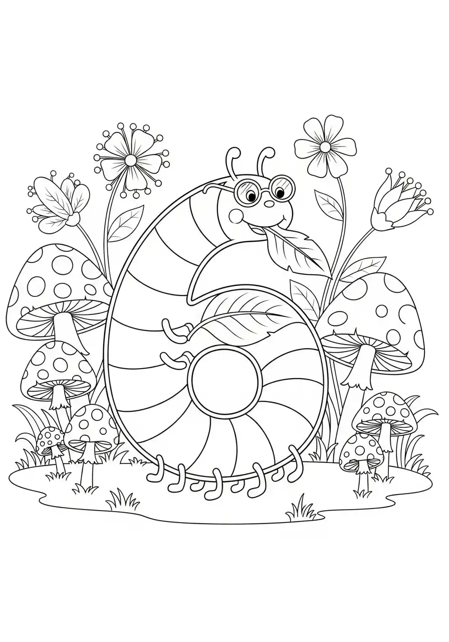 cijfer 6 rups met bril en bloemen kleurplaat