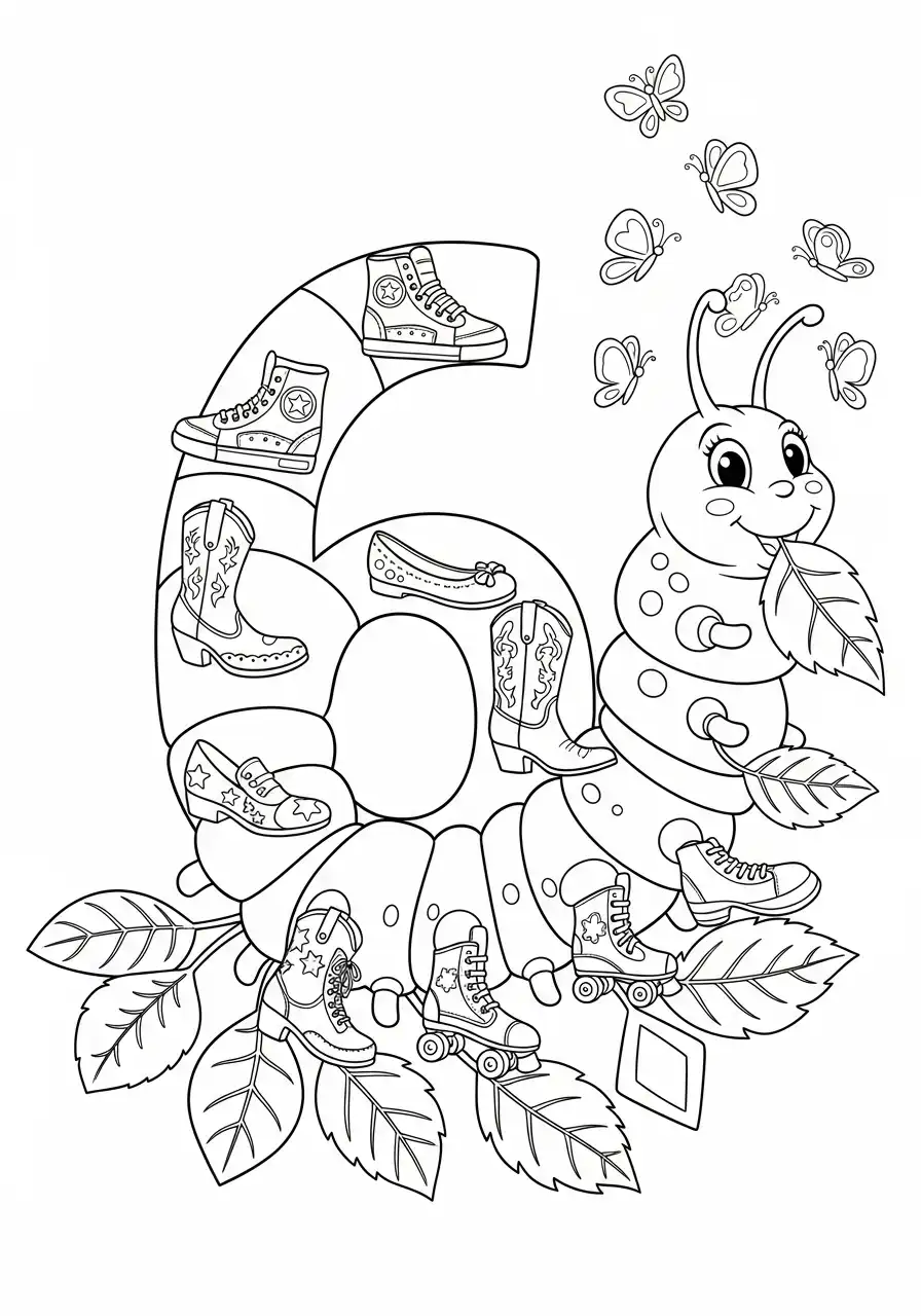 cijfer 6 rups met schoenen kleurplaat