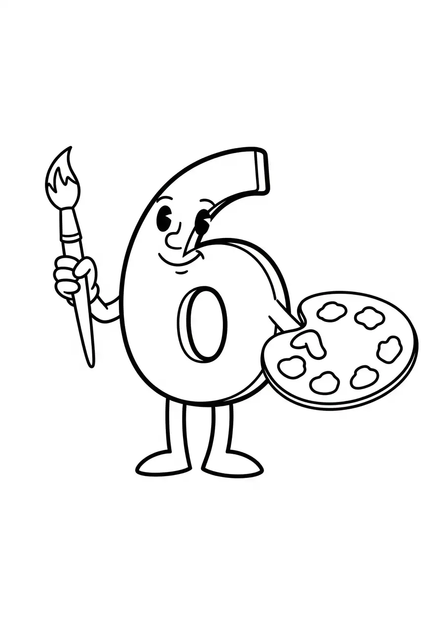 cijfer 6 schilder met palet kleurplaat