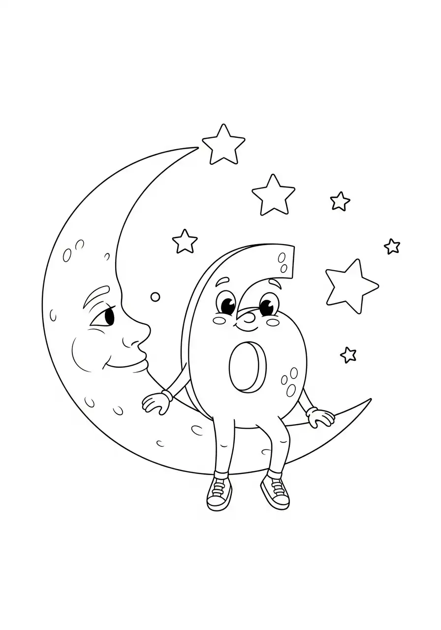 cijfer 6 slapen op de maan kleurplaat