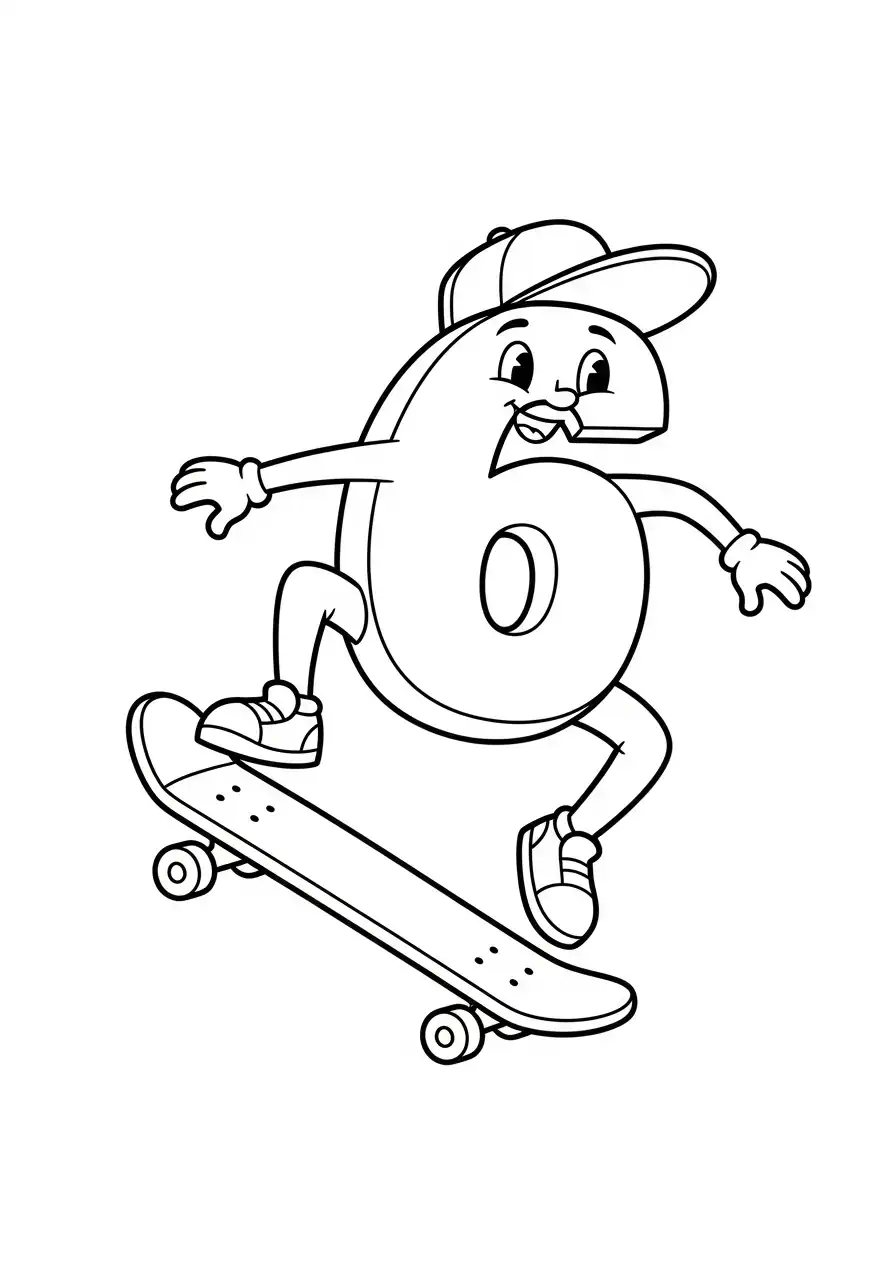 cijfer 6 stoere skateboarder kleurplaat