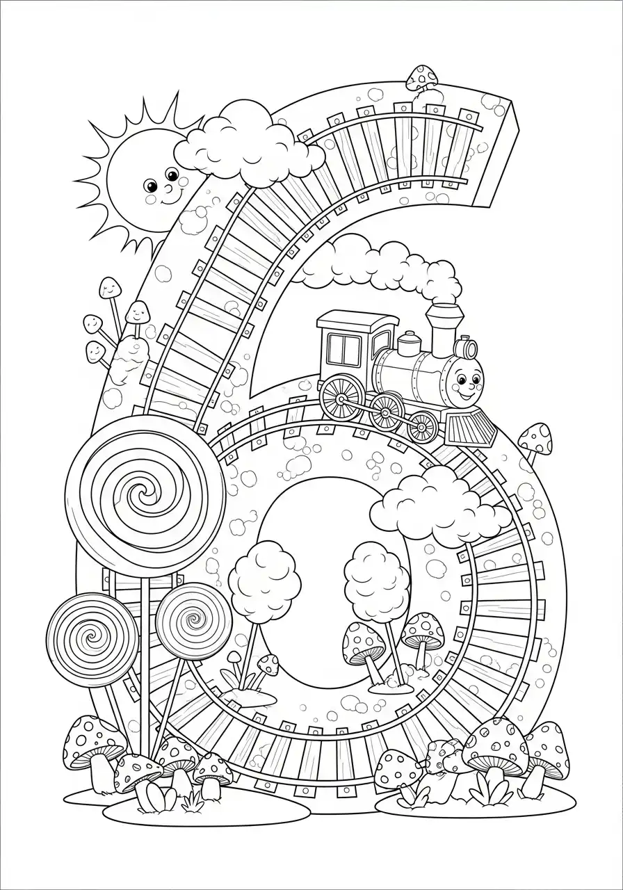 cijfer 6 trein en snoepjes land kleurplaat