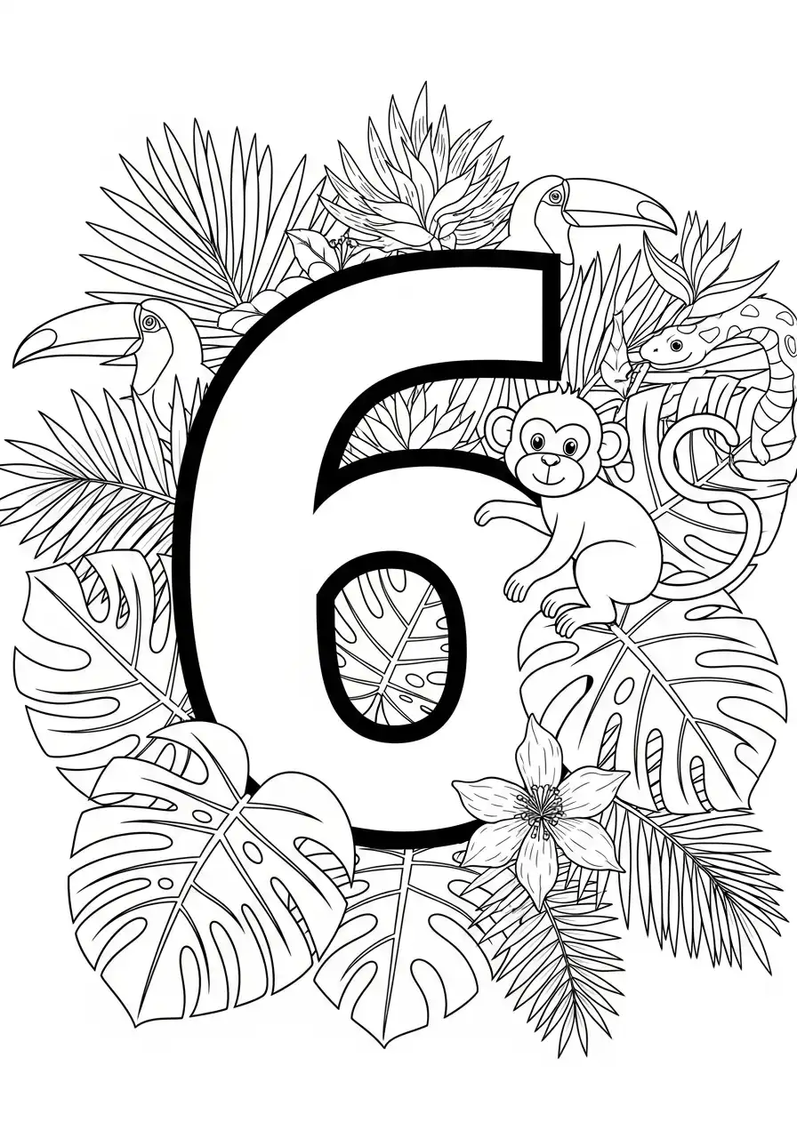 cijfer 6 tropische jungle met aap kleurplaat