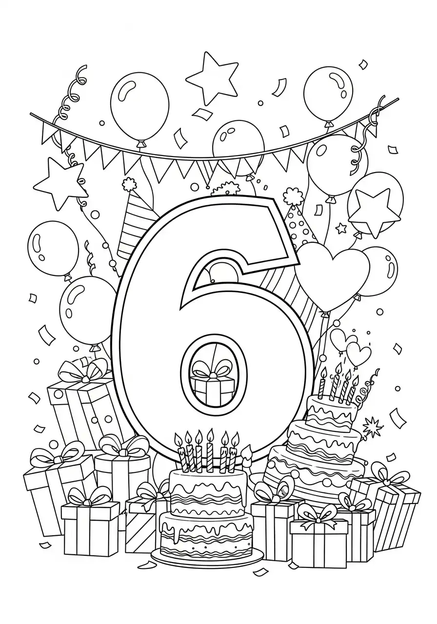 cijfer 6 verjaardag feest met taart kleurplaat