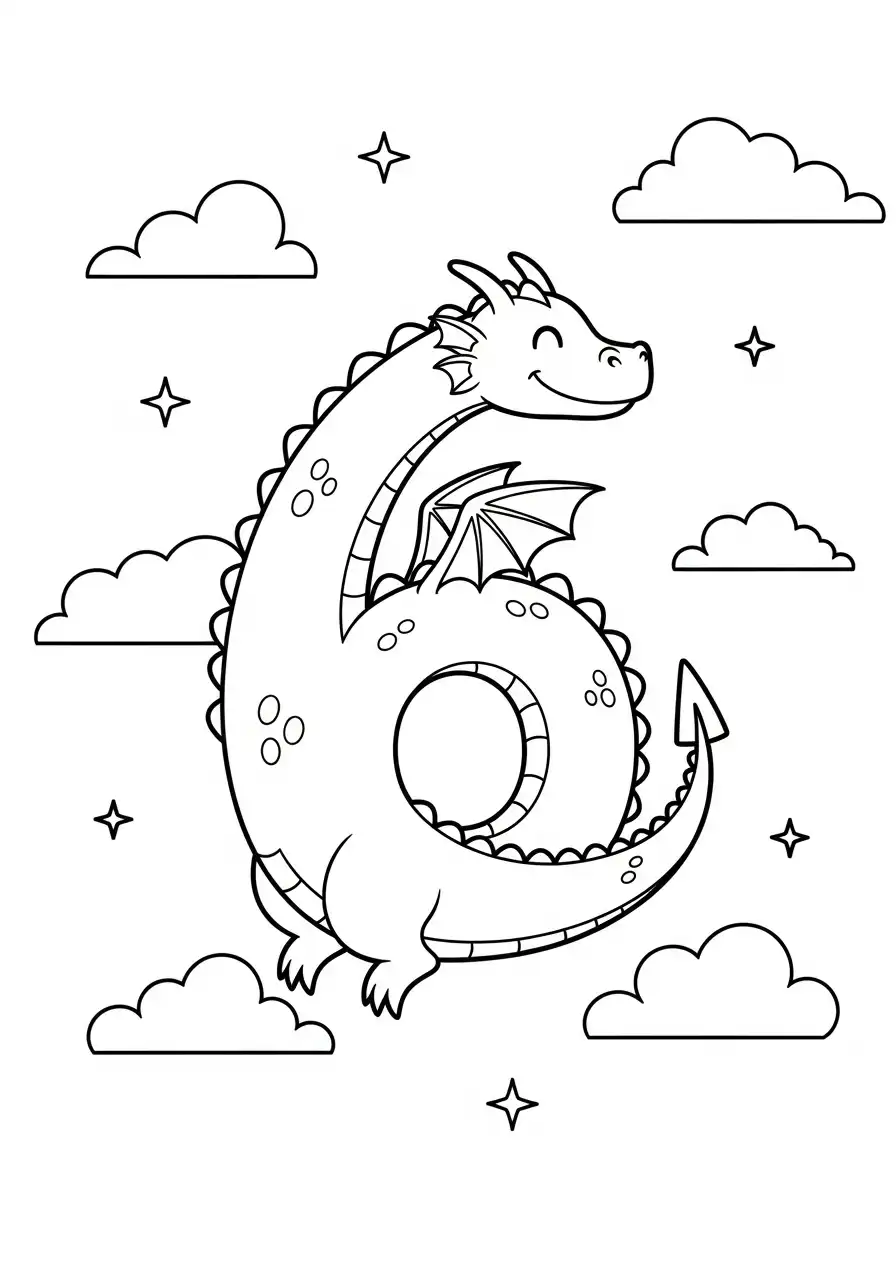 cijfer 6 vliegende draak in de wolken kleurplaat