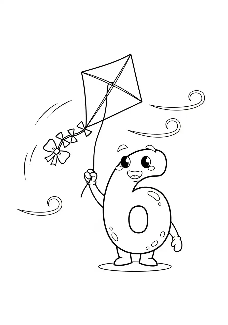 cijfer 6 vliegeren in de wind kleurplaat