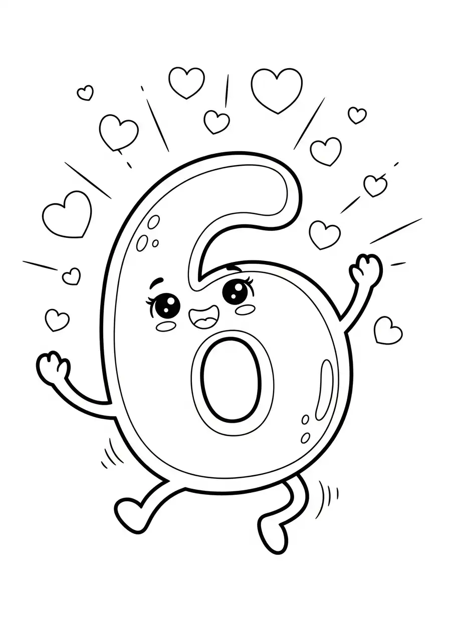 cijfer 6 vrolijk met hartjes kleurplaat