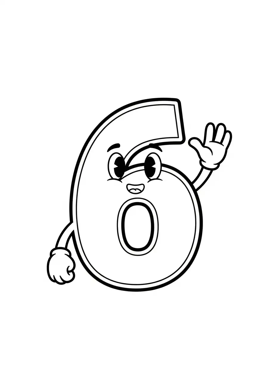 cijfer 6 zwaaiende hand vrolijk kleurplaat