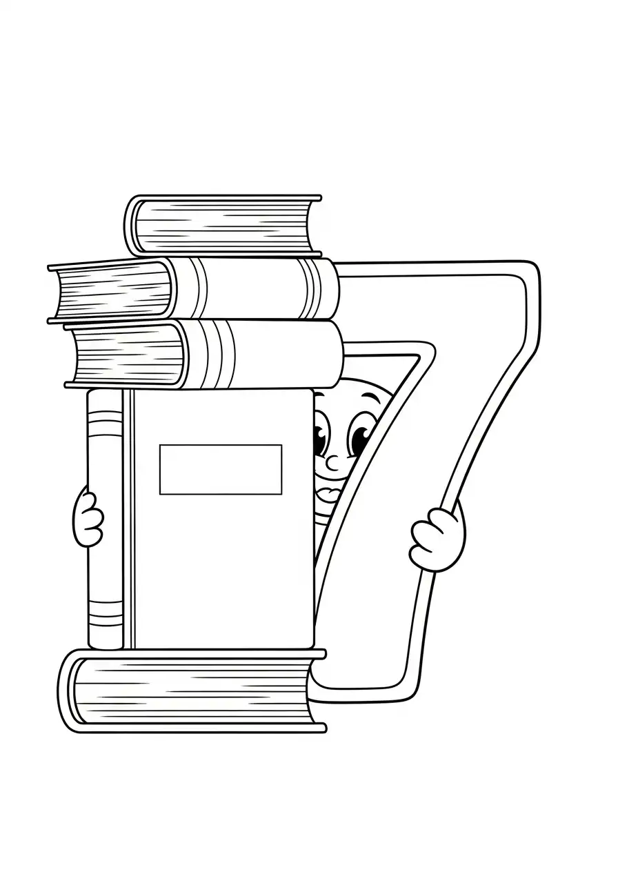 cijfer 7 achter stapel boeken kleurplaat