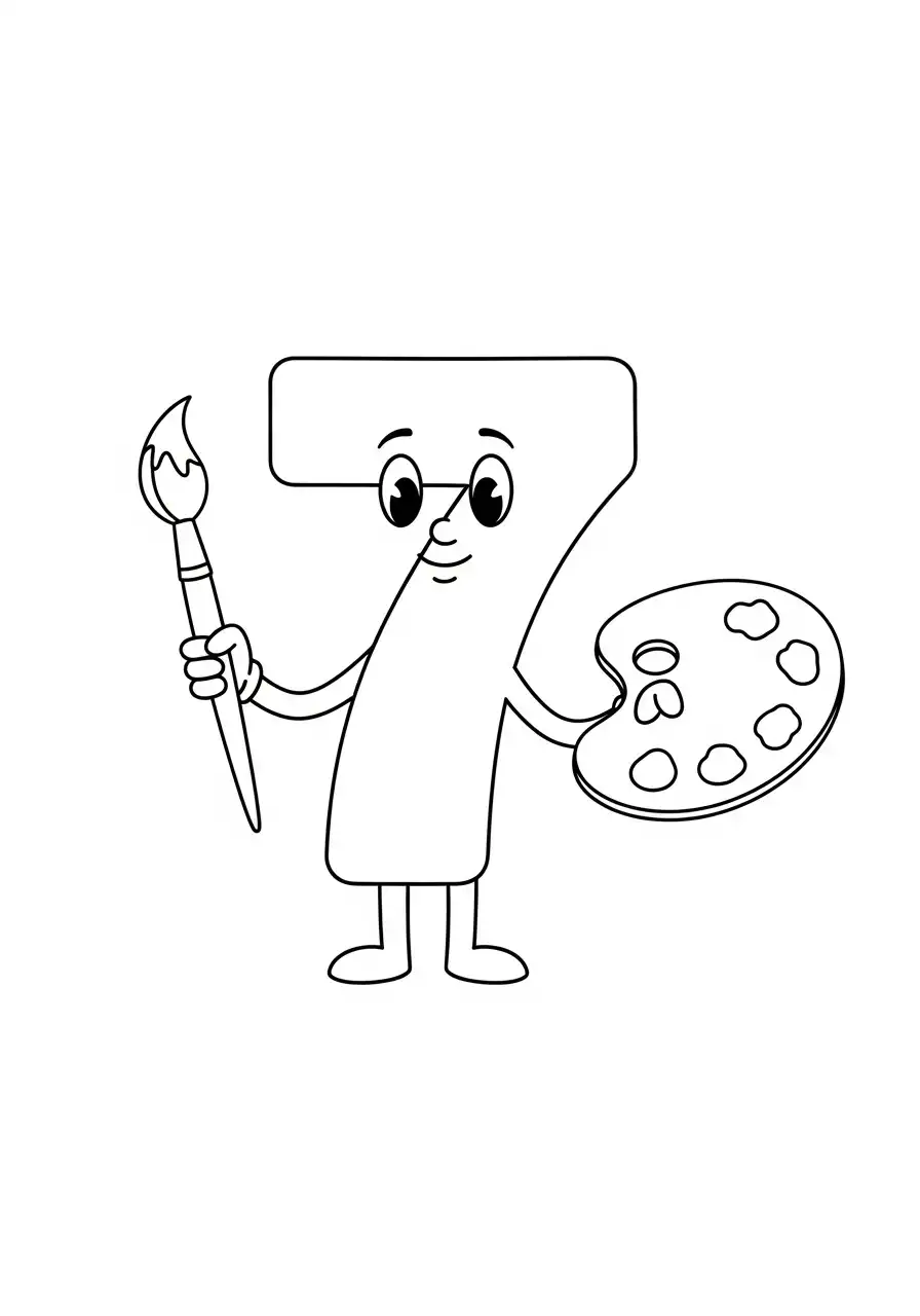 cijfer 7 als kunstenaar met penseel kleurplaat