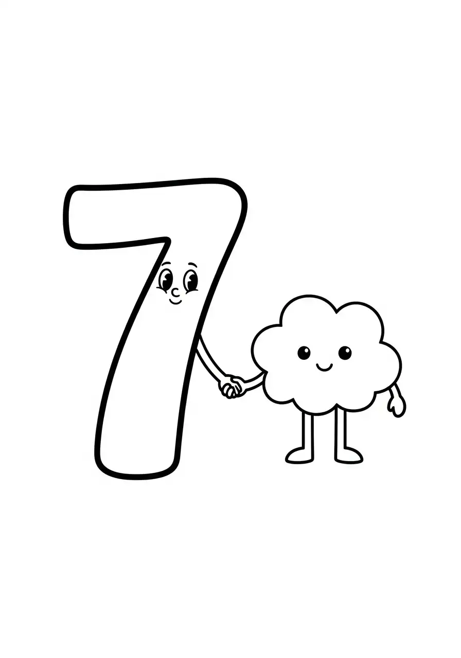 cijfer 7 hand in hand met wolk kleurplaat
