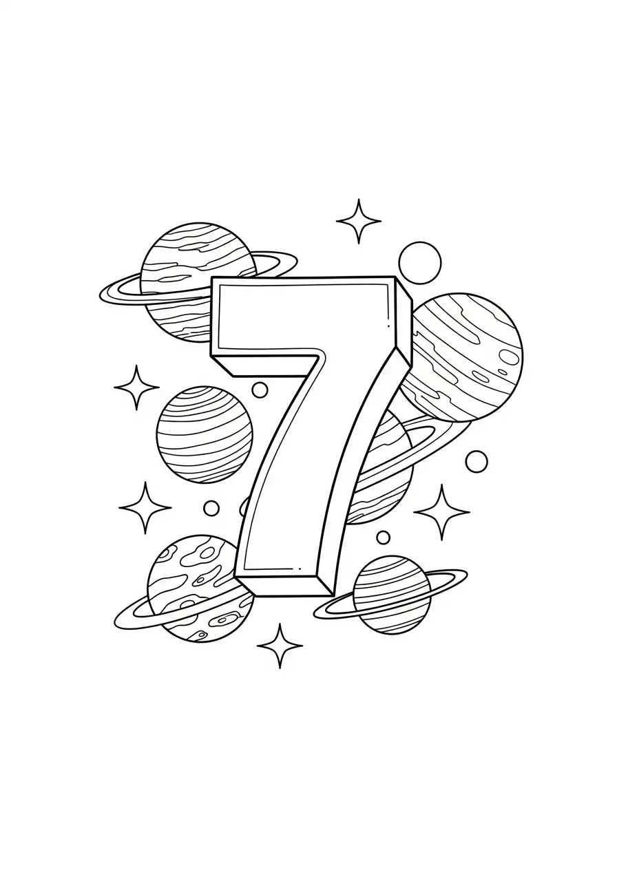cijfer 7 in de ruimte met planeten kleurplaat