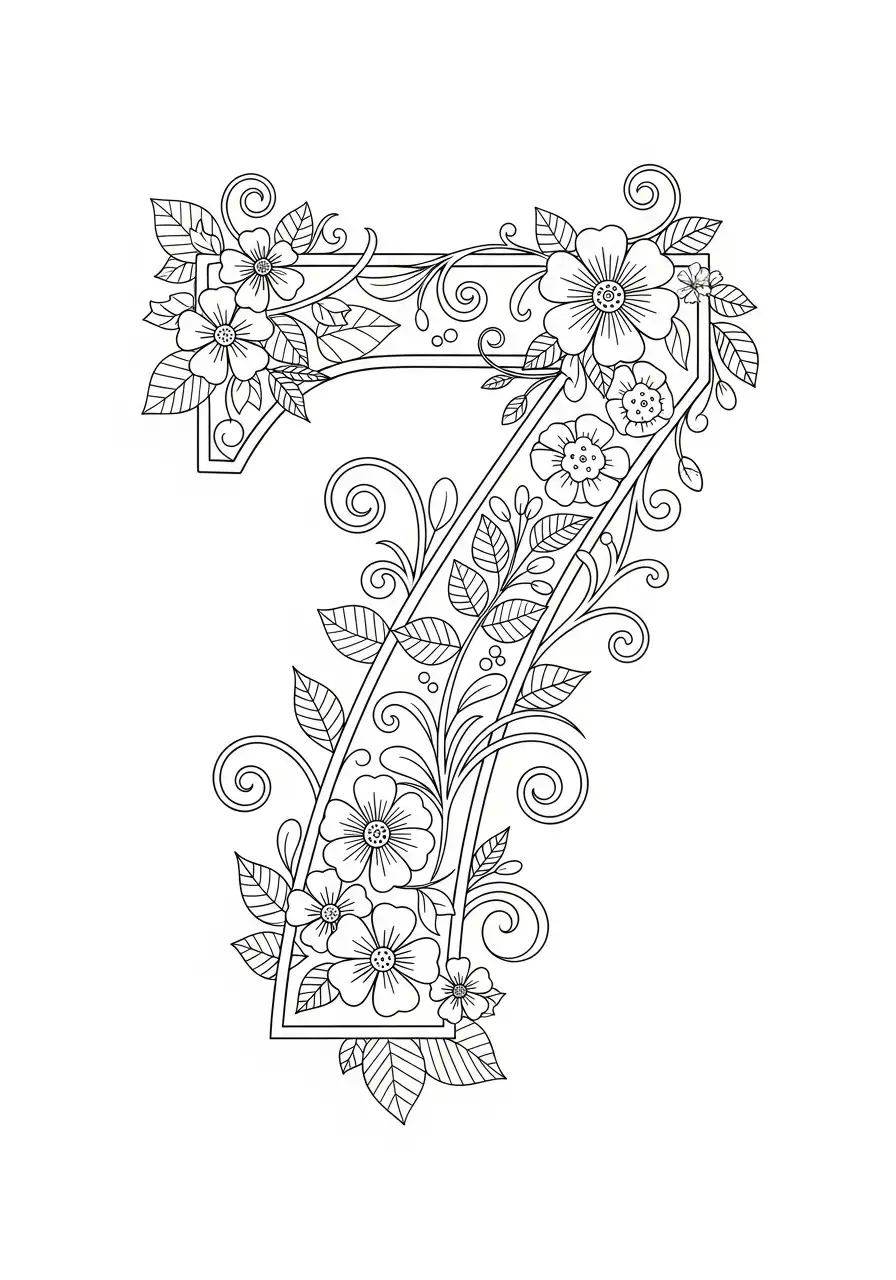 cijfer 7 met bloemen ornamenten kleurplaat