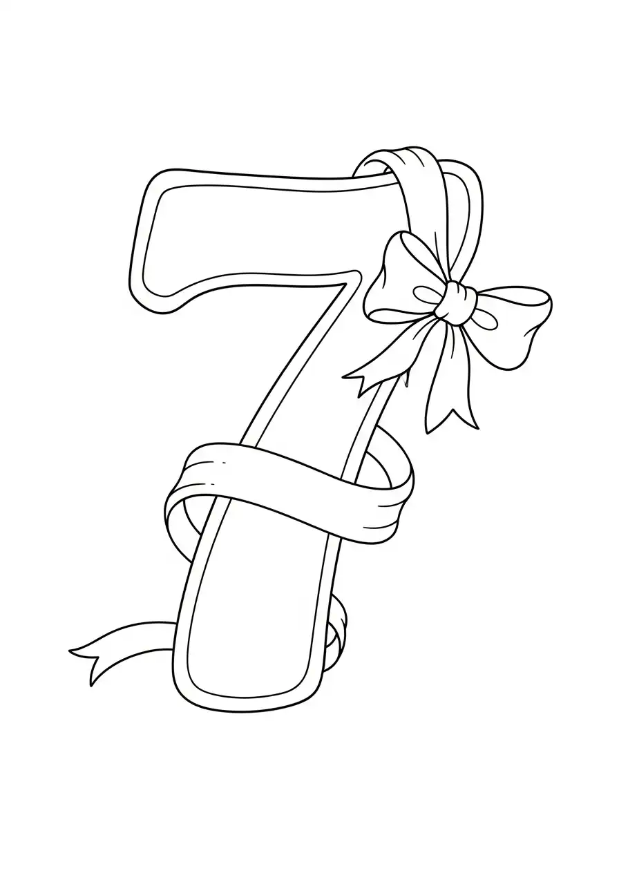 cijfer 7 met een grote strik kleurplaat