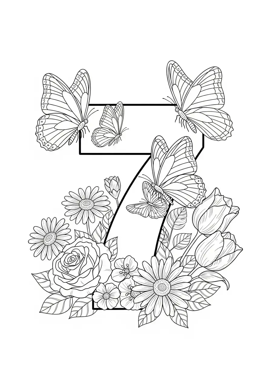cijfer 7 omringd door bloemen en vlinders kleurplaat