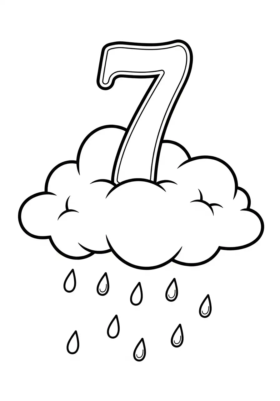cijfer 7 op een regenwolk kleurplaat
