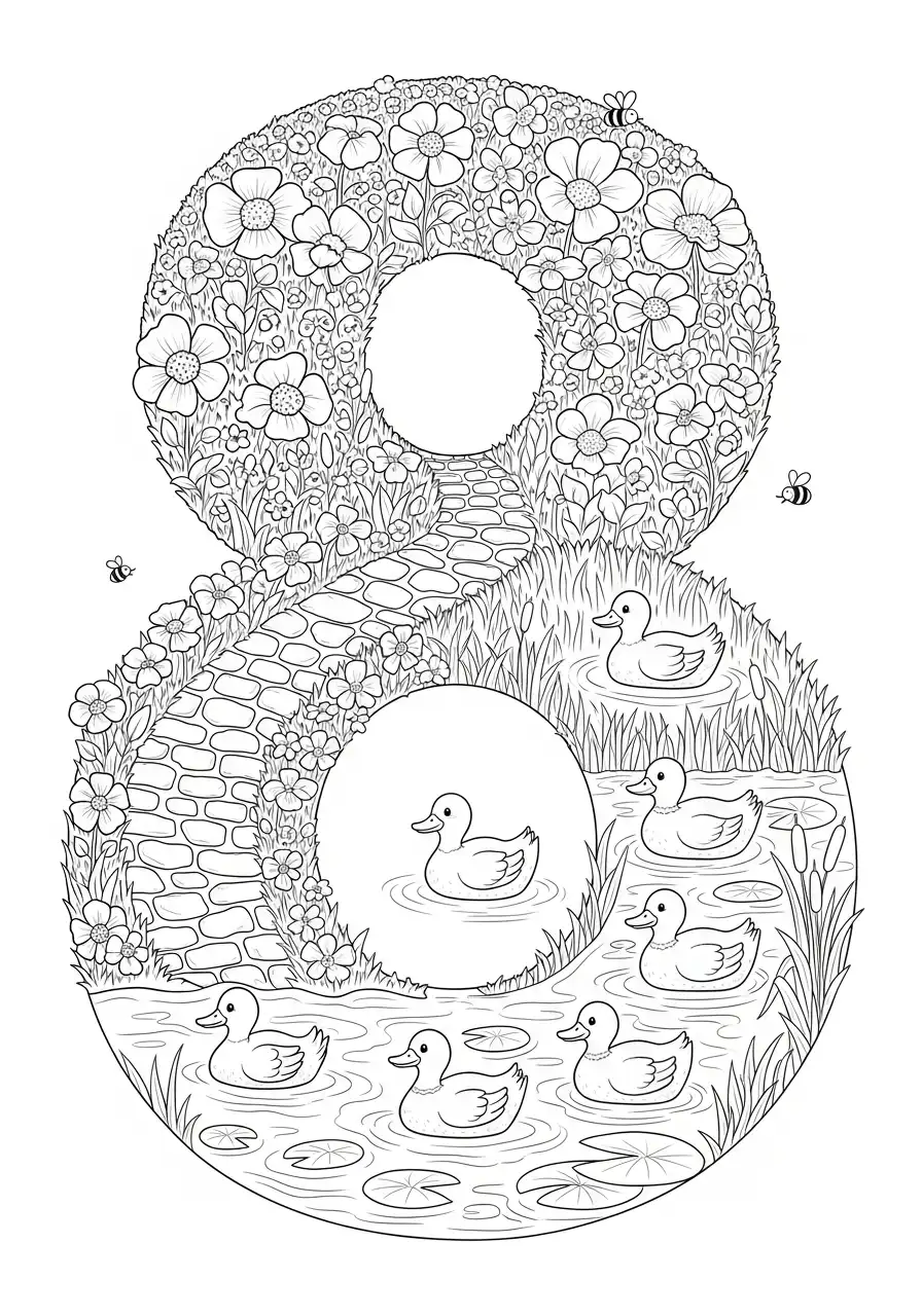Cijfers 8 Kleurplaat 13 eendjes vijver bloemen cijfer 8 kleurplaat