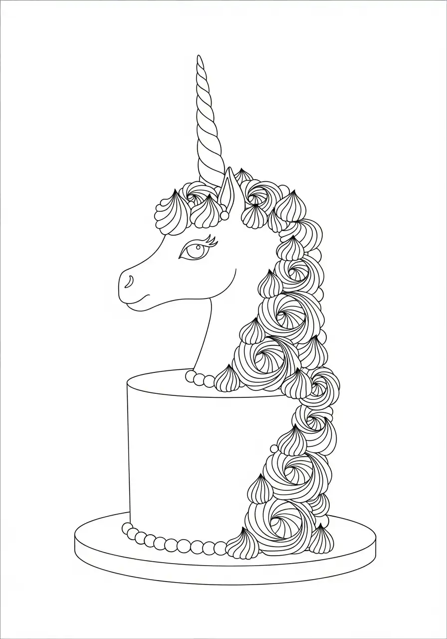 eenhoorn met manen op taart kleurplaat