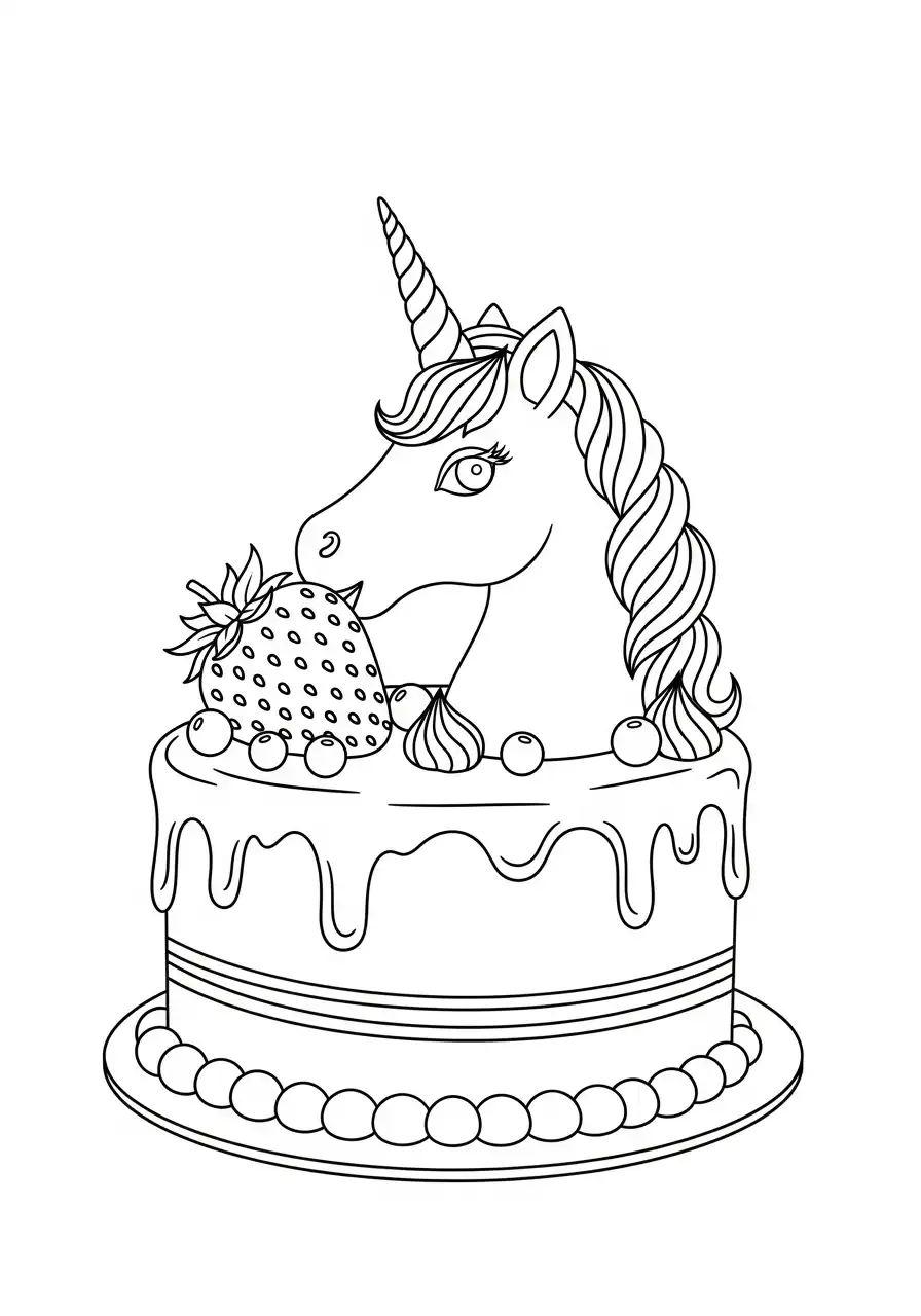 eenhoorn taart met aardbei kleurplaat