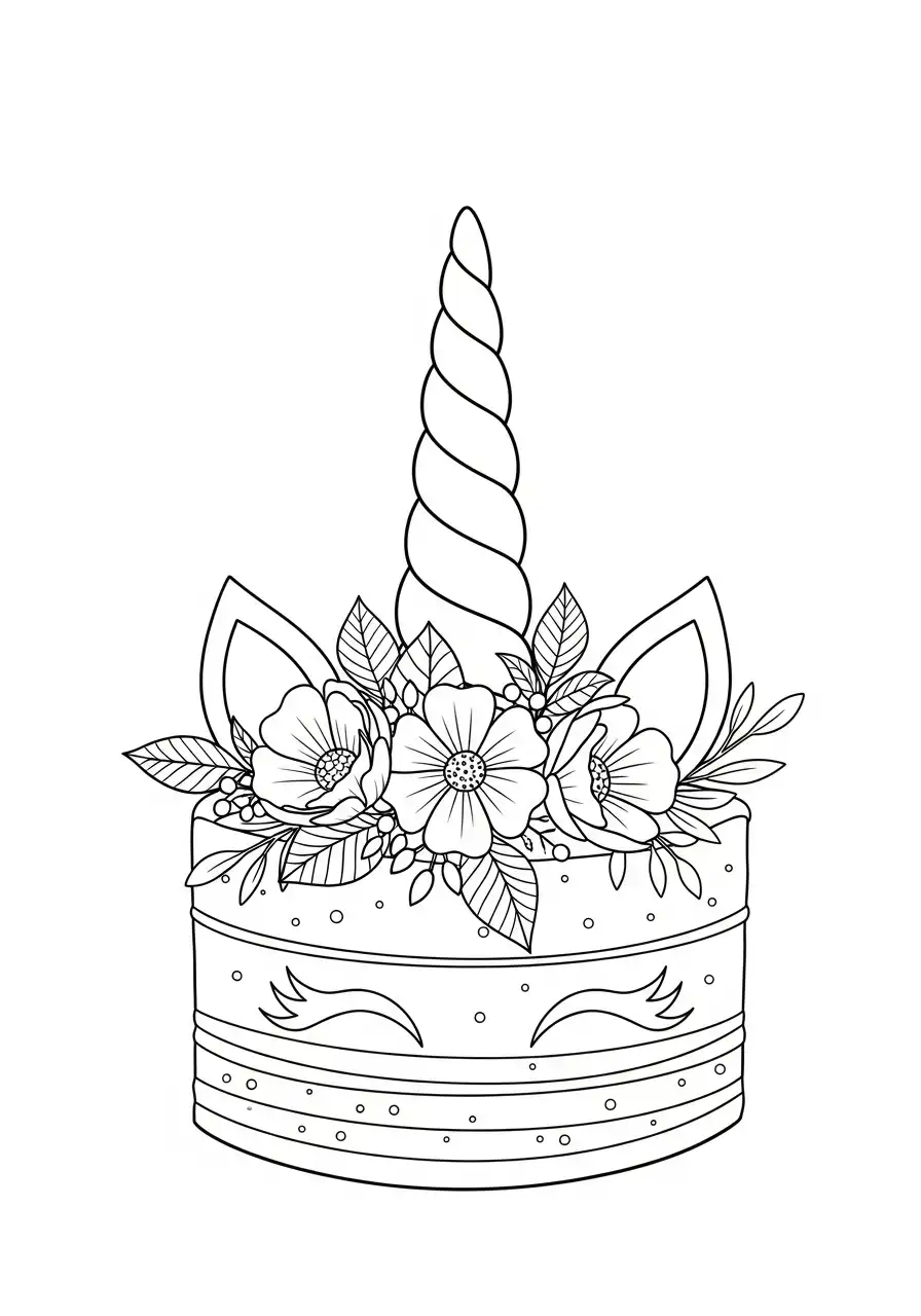 eenhoorn taart met bloemen en bladeren kleurplaat