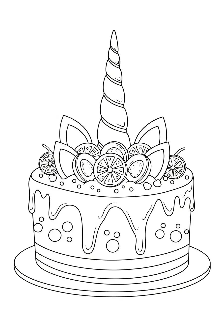 eenhoorn taart met citroen en fruit kleurplaat