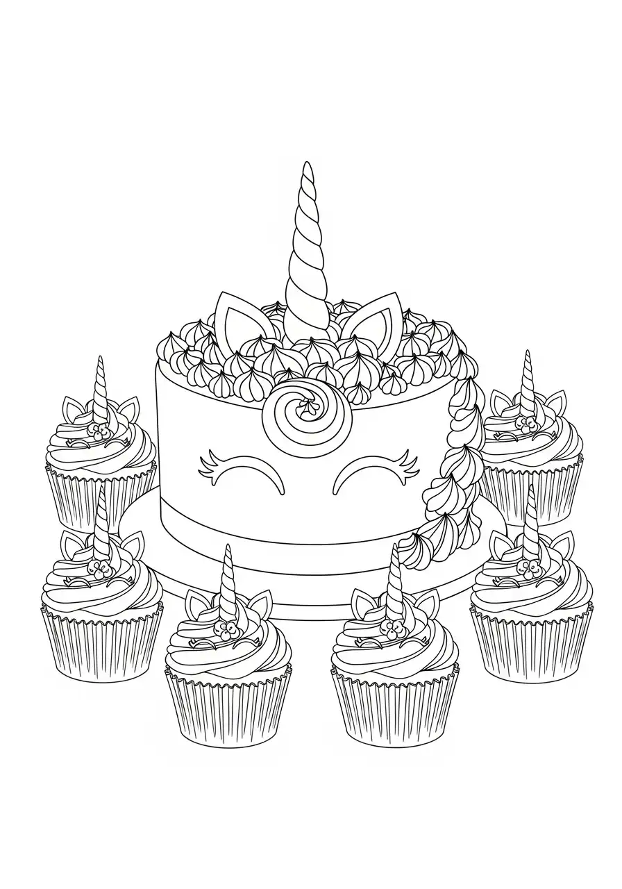 eenhoorn taart met cupcakes kleurplaat