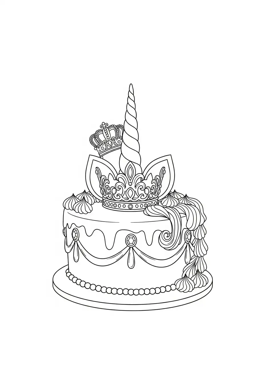 eenhoorn taart met koninklijke kroon kleurplaat