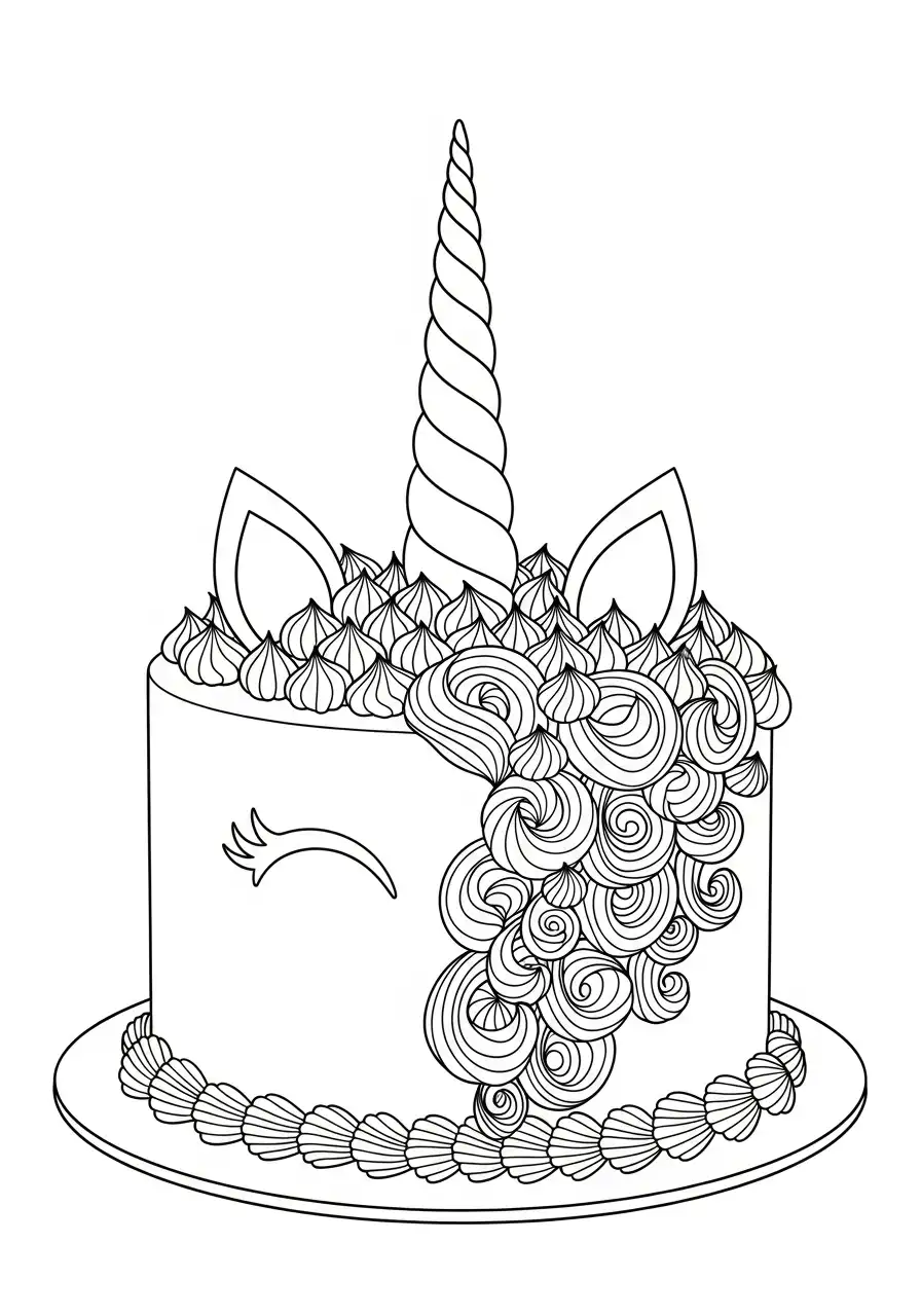 eenhoorn taart met krullende manen kleurplaat