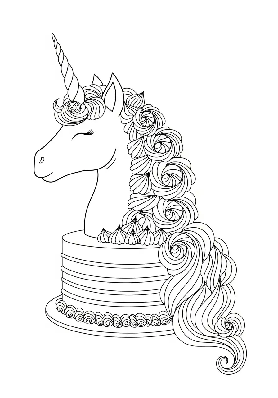 eenhoorn taart met lange manen kleurplaat