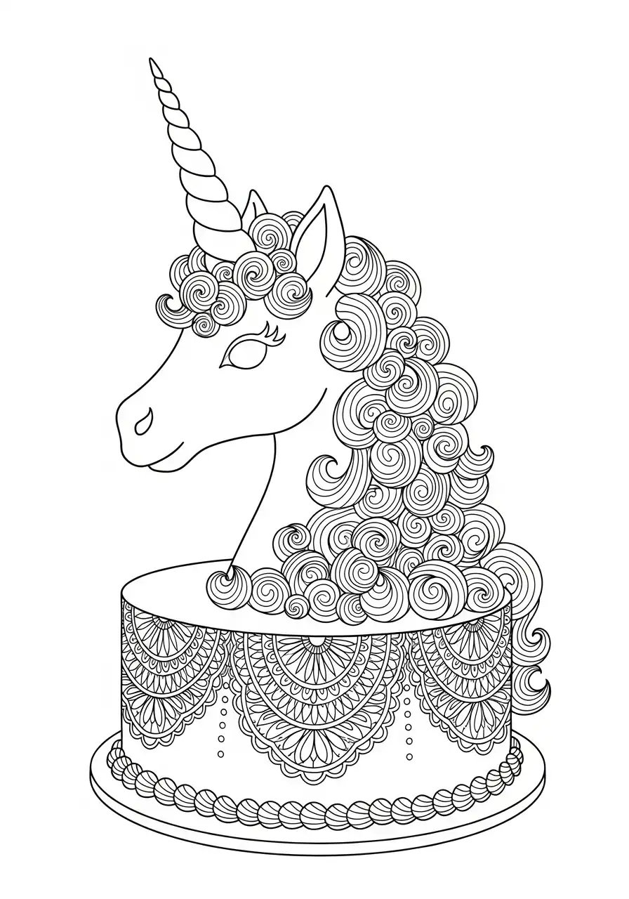 eenhoorn taart met mandala patroon kleurplaat