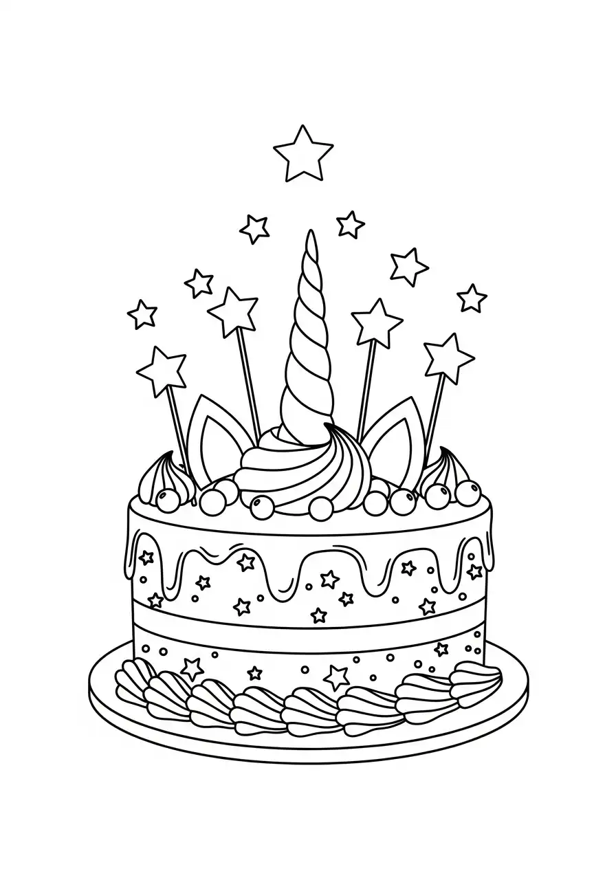eenhoorn taart met sterren op stokjes kleurplaat