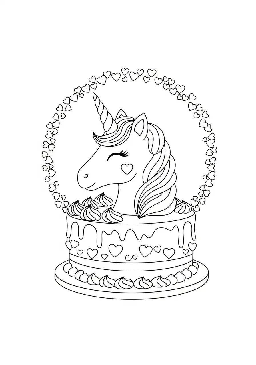 eenhoorn taart omringd door hartjes kleurplaat